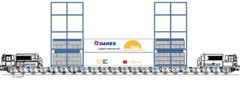 A dummy load made of 360 concrete blocks will be loaded onto a special self-propelled platform (88 axles) to travel the whole length of the Itinerary. Its weight and dimensions—800 tonnes, 40 metres long, 9 metres wide, 11 metres high— mimic the most exceptional ITER loads. (Click to view larger version...)